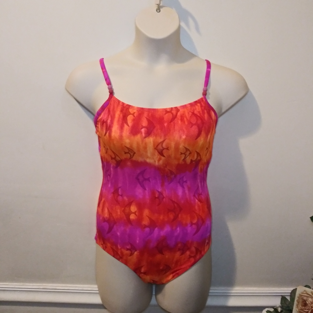 Vintage 1980-90's Kathy Ireland Hot Pink Orange/Red Tie-Dyed Fish Print Swimsuit